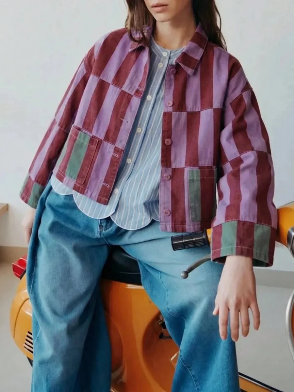 Burgundy & Lavender Patchwork Denim Jacket, Loose Fit
